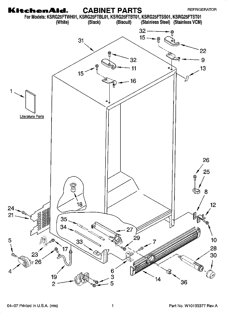 CABINET PARTS Diagram and Parts List for KSRG25FTBL01  KitchenAid Refrigerator