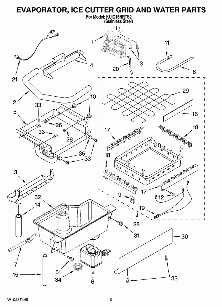 EVAPORATOR, ICE CUTTER GRID AND WATER PARTS Diagram and Parts List for KUIC15NRTS2  KitchenAid Ice Maker
