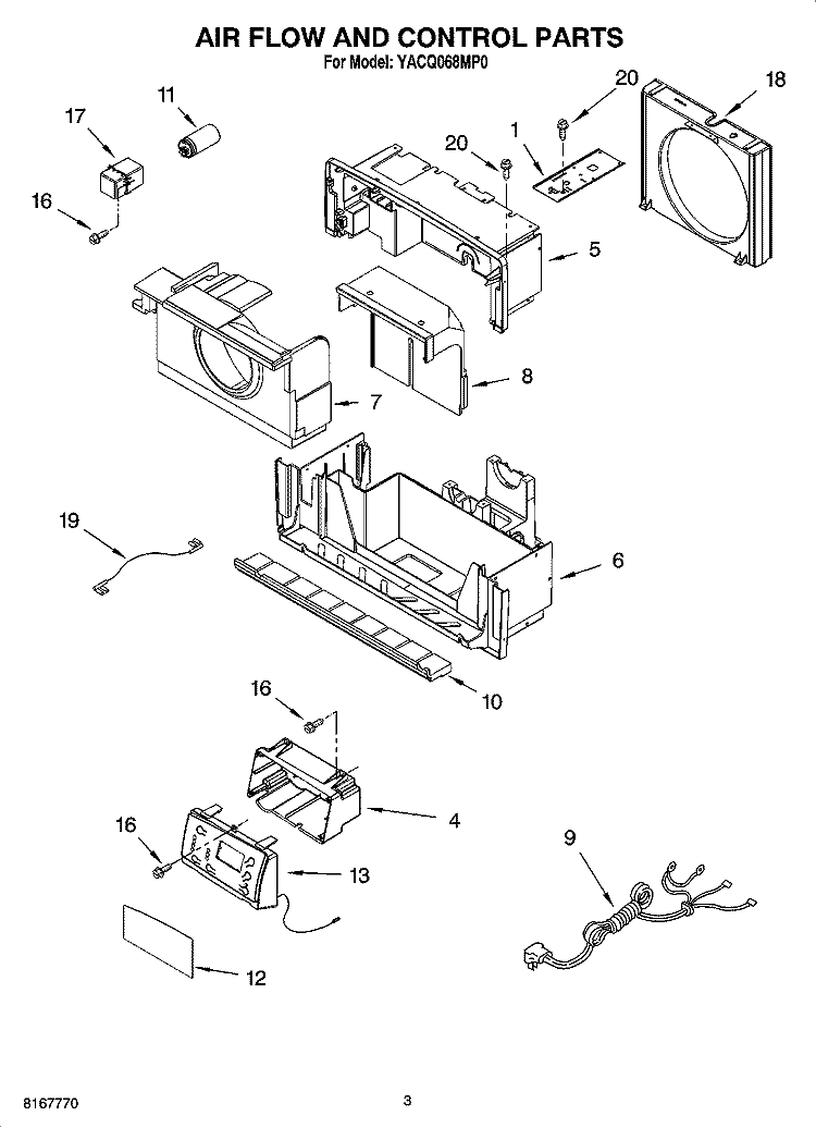 AIR FLOW AND CONTROL PARTS Diagram and Parts List for YACQ068MP0  Whirlpool Air Conditioner