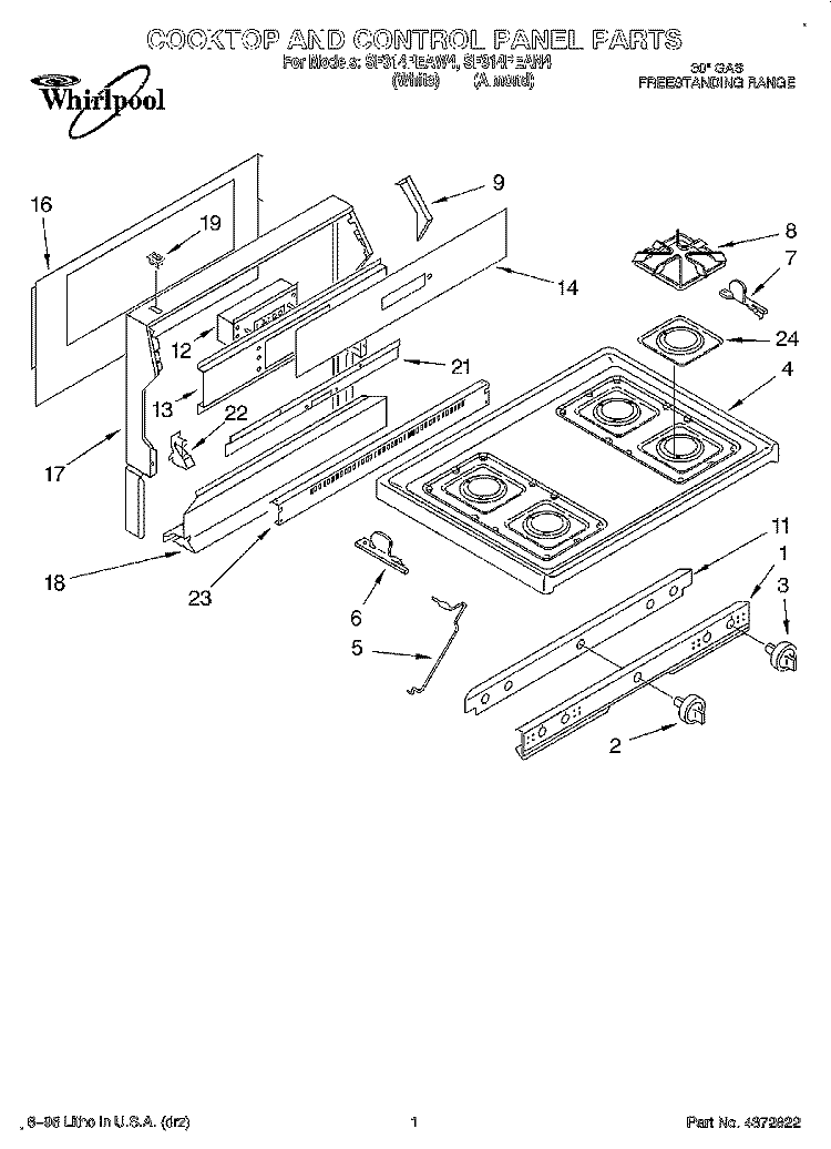 COOKTOP AND CONTROL PANEL, LITERATURE Diagram and Parts List for SF314PEAW4  Whirlpool Range