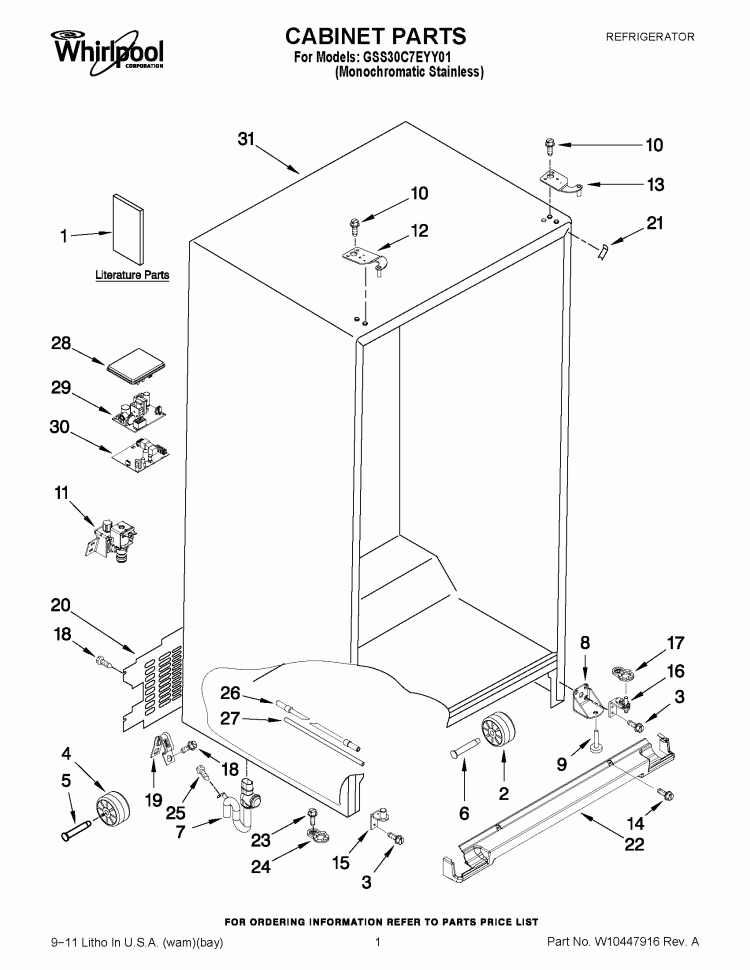 CABINET PARTS Diagram and Parts List for GSS30C7EYY01  Whirlpool Refrigerator