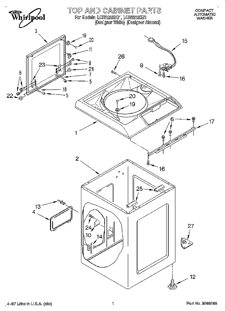 TOP AND CABINET Diagram and Parts List for LCR5232DZ1  Whirlpool Washer