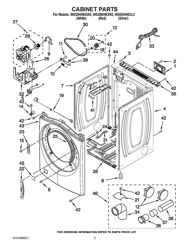 CABINET PARTS Diagram and Parts List for WGD94HEXL2  Whirlpool Dryer