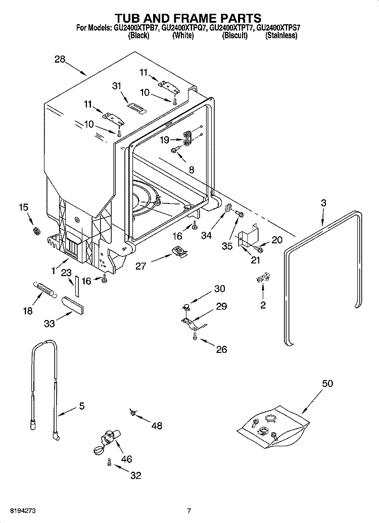 TUB AND FRAME PARTS Diagram and Parts List for GU2400XTPT7  Whirlpool Dishwasher