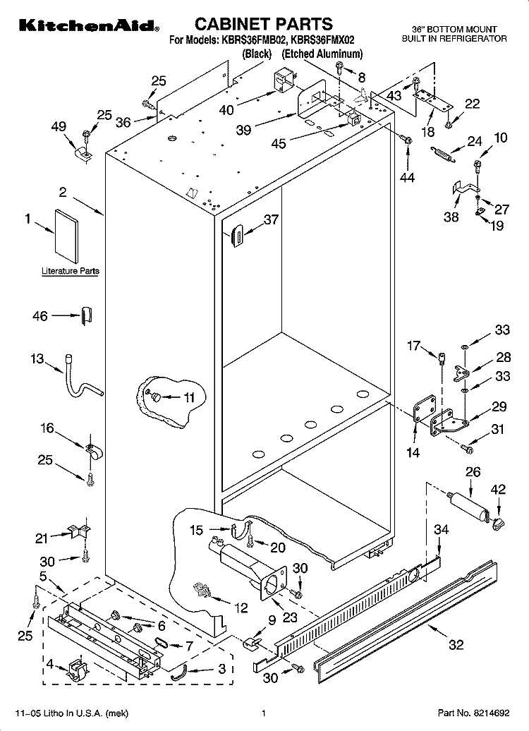 CABINET PARTS Diagram and Parts List for KBRS36FMX02  KitchenAid Refrigerator