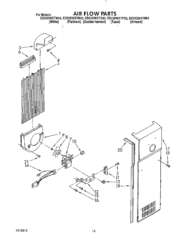 AIR FLOW Diagram and Parts List for ED22DWXTM03  Whirlpool Refrigerator