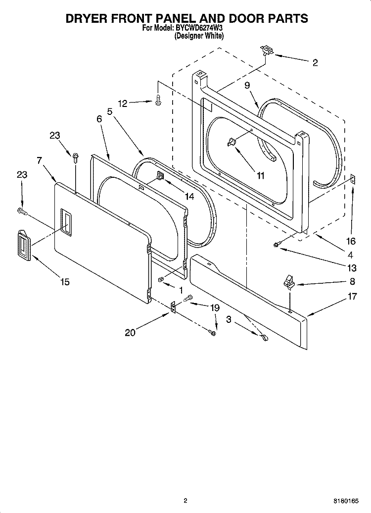 DRYER FRONT PANEL AND DOOR PARTS Diagram and Parts List for BYCWD6274W3  Crosley Washer Dryer Combo
