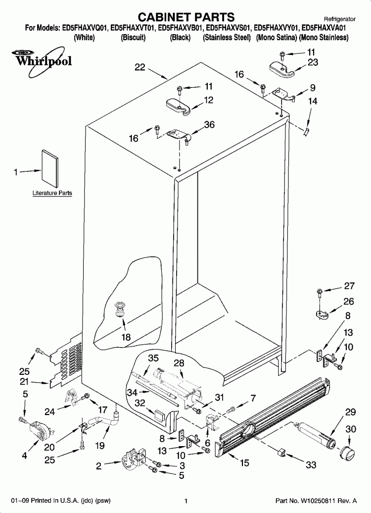 CABINET PARTS Diagram and Parts List for ED5FHAXVB01  Whirlpool Refrigerator