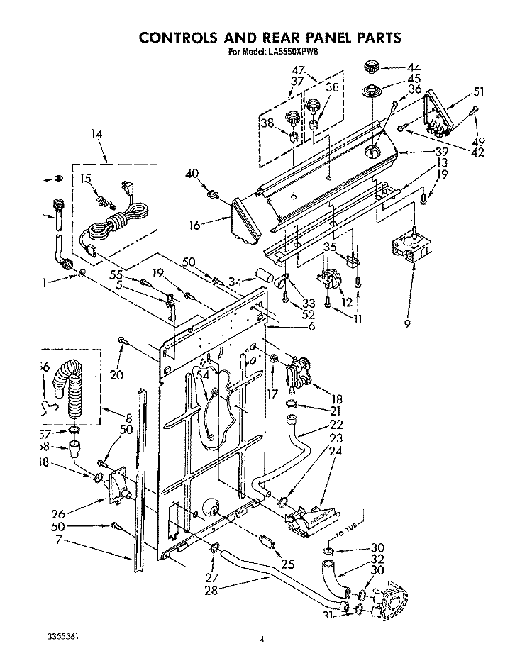 CONTROLS AND REAR PANEL Diagram and Parts List for LA5550XPW8  Whirlpool Washer