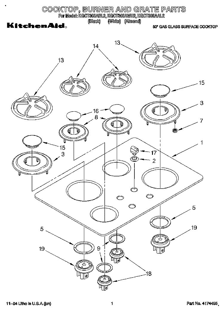 COOKTOP, BURNER AND GRATE Diagram and Parts List for KGCT305AAL2  KitchenAid Cooktop