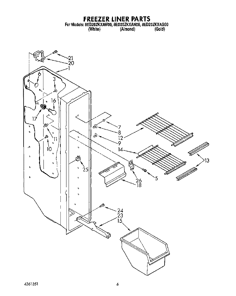 FREEZER LINER Diagram and Parts List for 8ED20ZKXAN00  Whirlpool Refrigerator