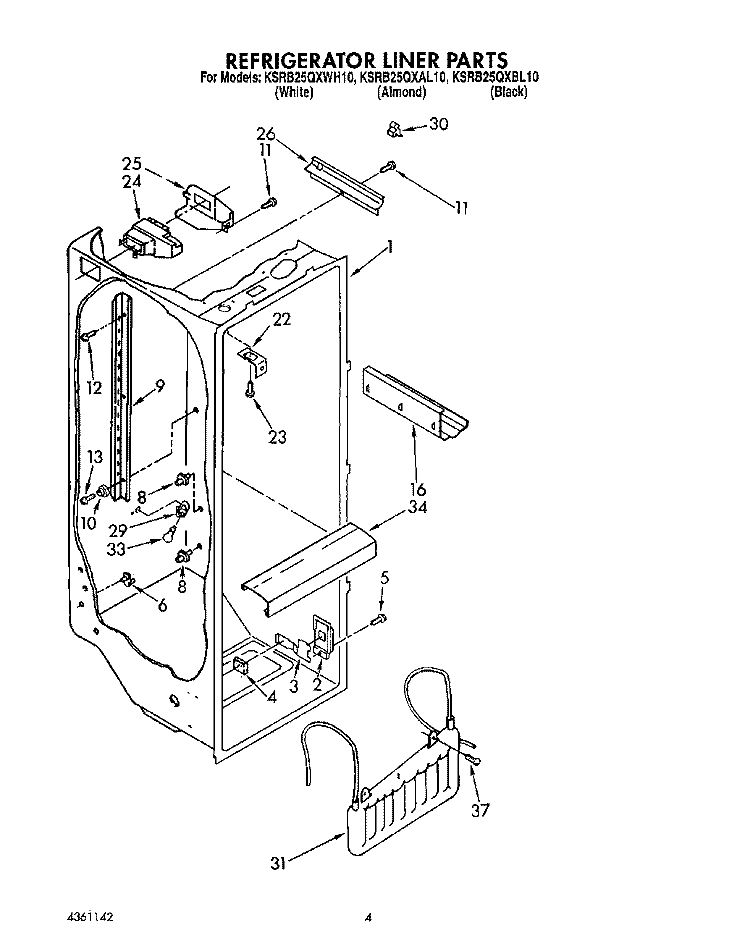 REFRIGERATOR LINER Diagram and Parts List for KSRB25QXAL10  KitchenAid Refrigerator