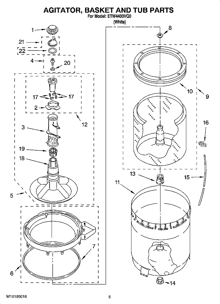 AGITATOR, BASKET AND TUB PARTS Diagram and Parts List for ETW4400VQ0  Estate Washer