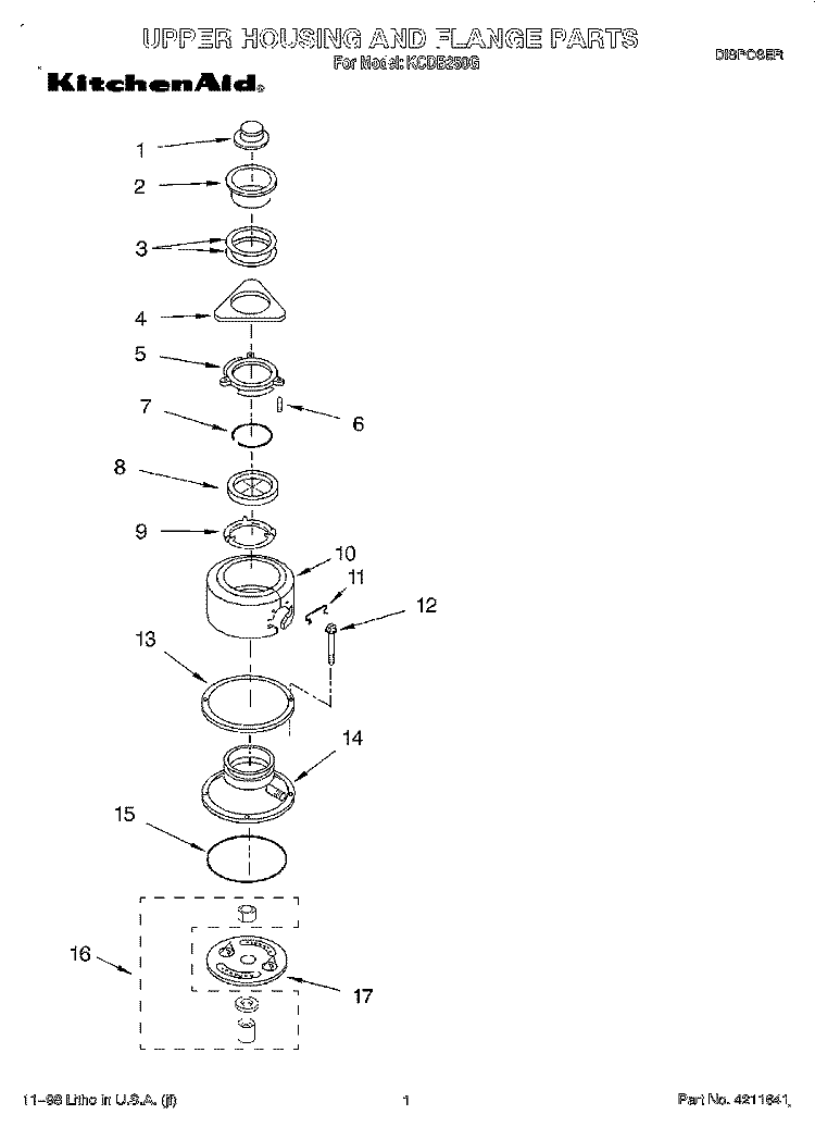 SECTION Diagram and Parts List for KCDB250G  KitchenAid Food Waste Disposer
