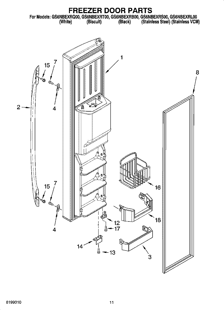 FREEZER DOOR PARTS Diagram and Parts List for GS6NBEXRT00  Whirlpool Refrigerator