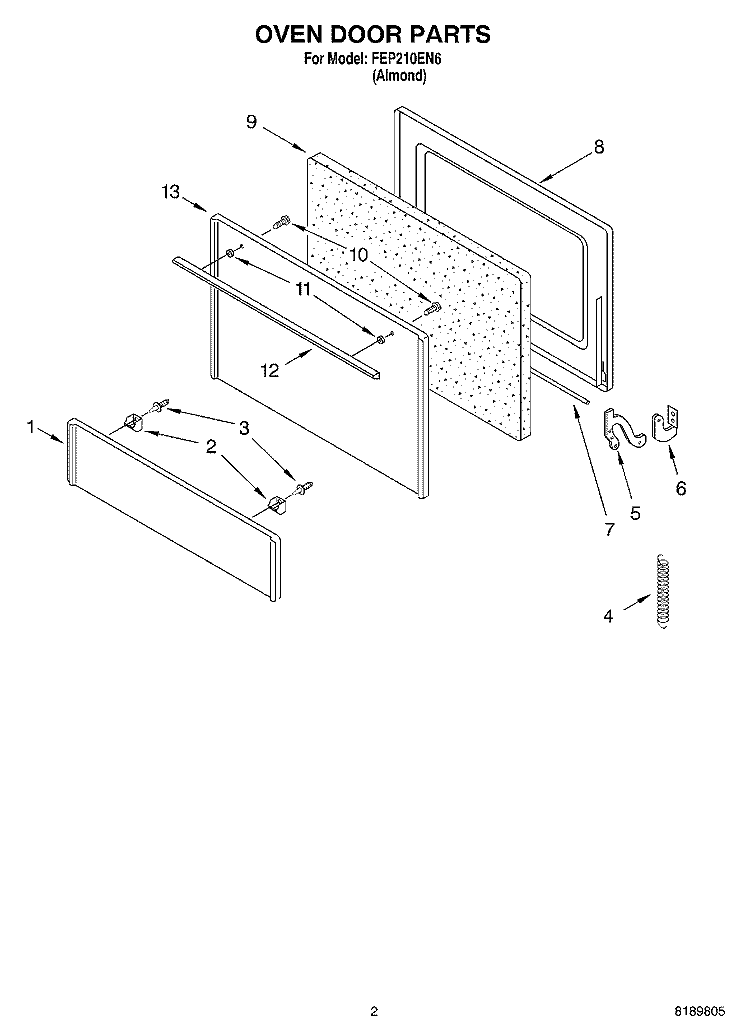OVEN DOOR Diagram and Parts List for FEP210EN6  Roper Range