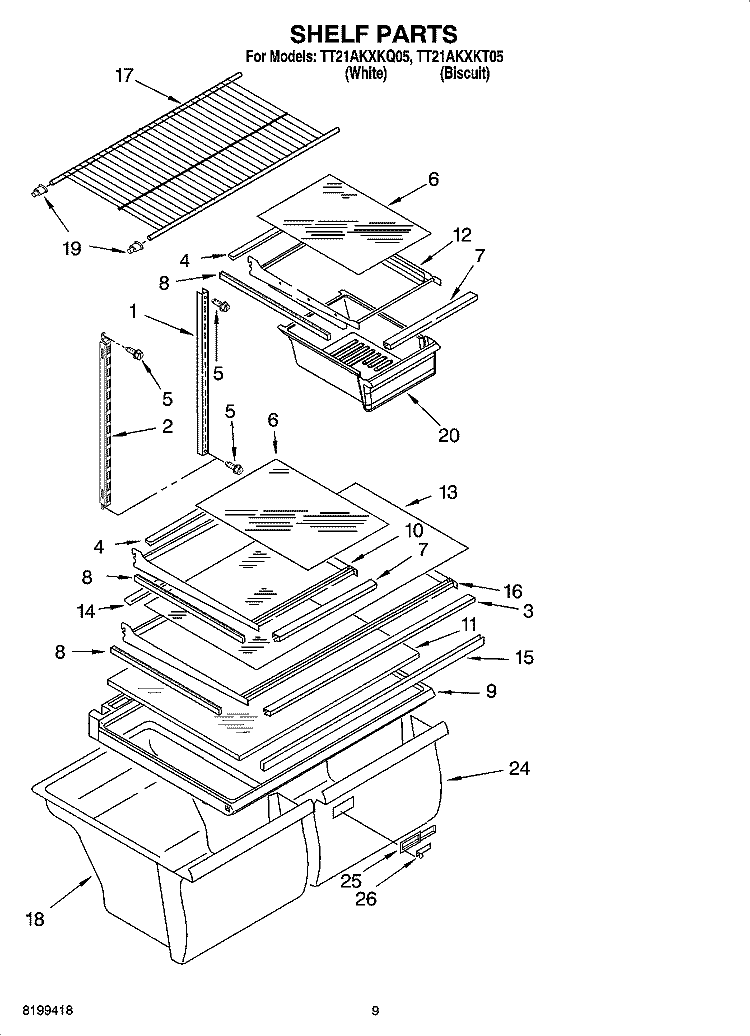 SHELF PARTS, OPTIONAL PARTS Diagram and Parts List for TT21AKXKQ05  Whirlpool Refrigerator