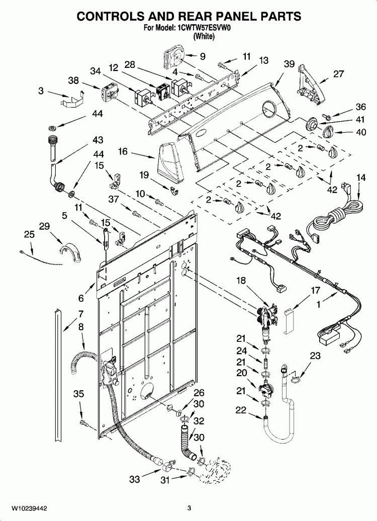 CONTROLS AND REAR PANEL PARTS Diagram and Parts List for 1CWTW57ESVW0  Whirlpool Washer