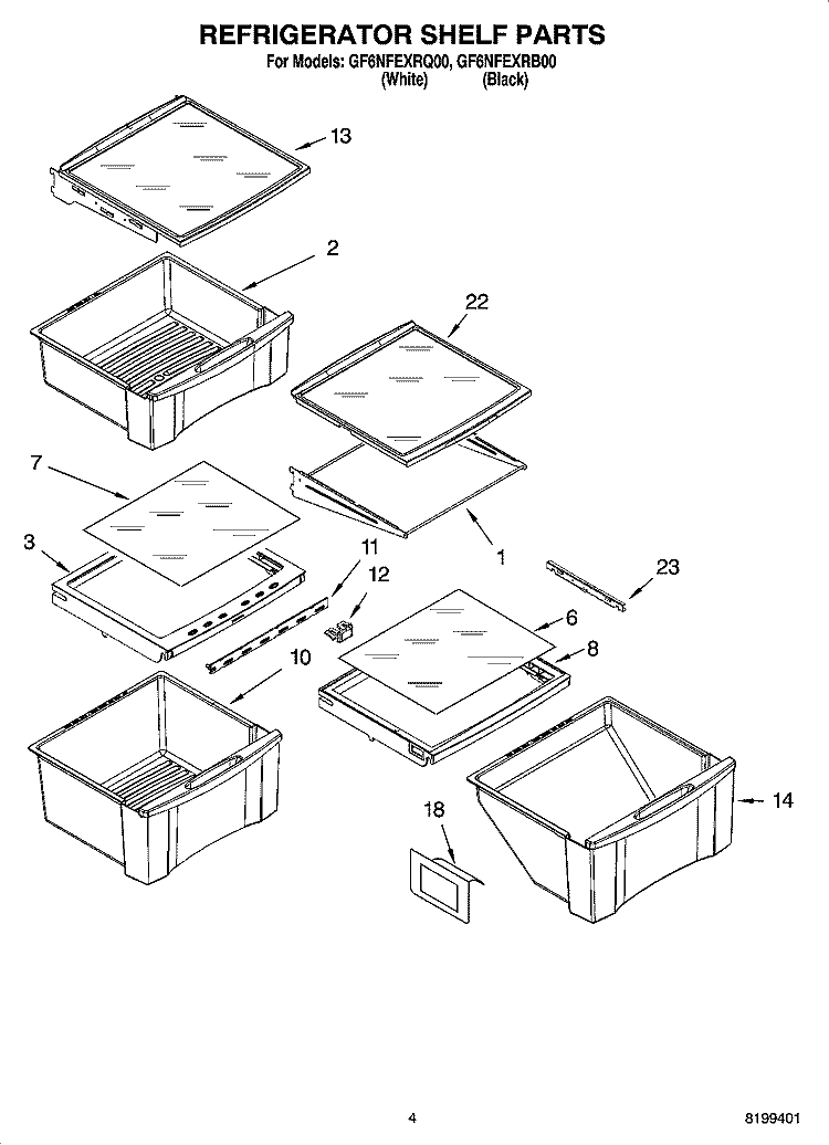 REFRIGERATOR SHELF PARTS Diagram and Parts List for GF6NFEXRQ00  Whirlpool Refrigerator