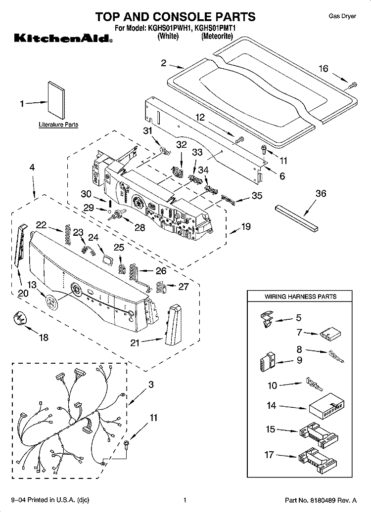 TOP AND CONSOLE PARTS Diagram and Parts List for KGHS01PWH1  KitchenAid Dryer