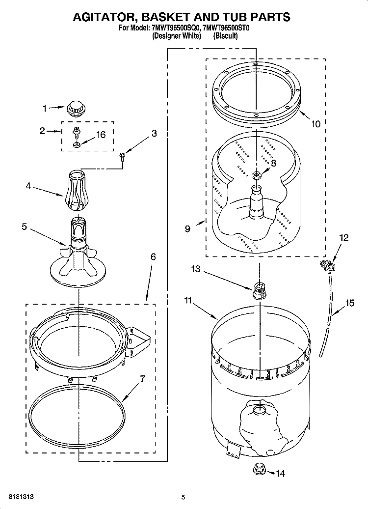 AGITATOR, BASKET AND TUB PARTS Diagram and Parts List for 7MWT96500SQ0  Whirlpool Washer