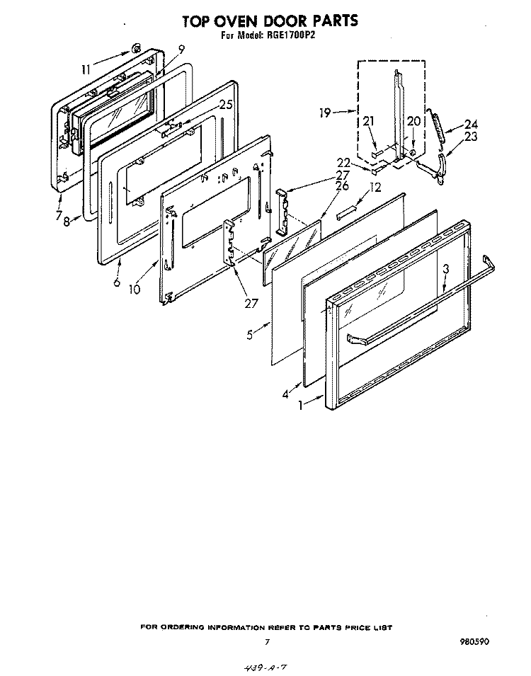 TOP OVEN DOOR Diagram and Parts List for RGE1700P2  Whirlpool Wall Oven