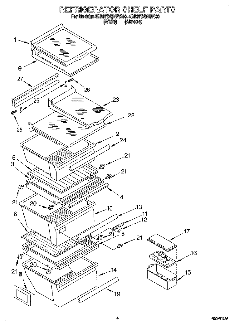 REFRIGERATOR SHELF Diagram and Parts List for 4ED27DQXDN00  Whirlpool Refrigerator