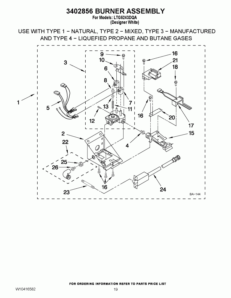 3402856 BURNER ASSEMBLY Diagram and Parts List for LTG5243DQA  Whirlpool Washer Dryer Combo