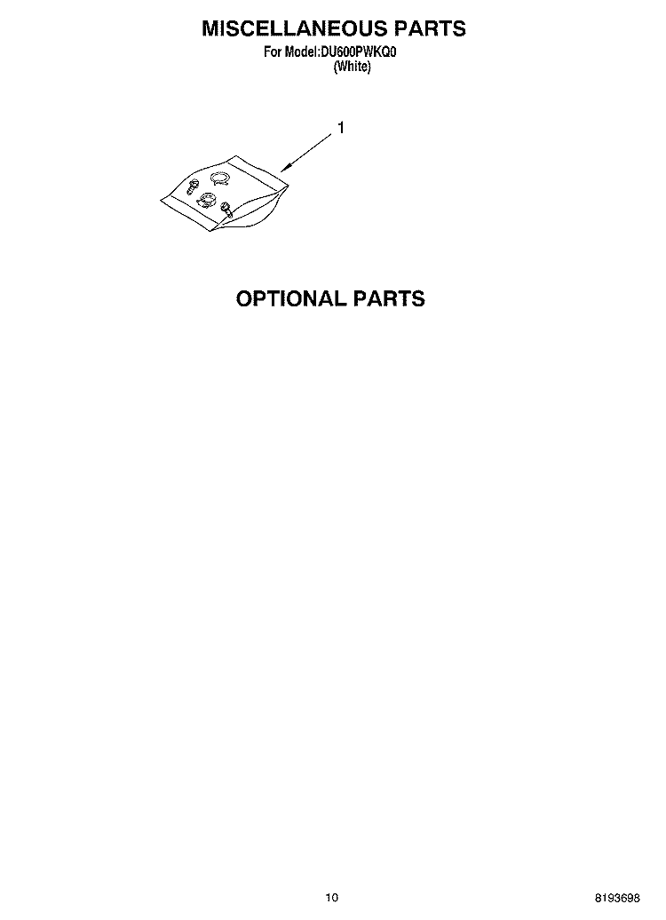 MISCELLANEOUS, OPTIONAL Diagram and Parts List for DU600PWKQ0  Whirlpool Dishwasher