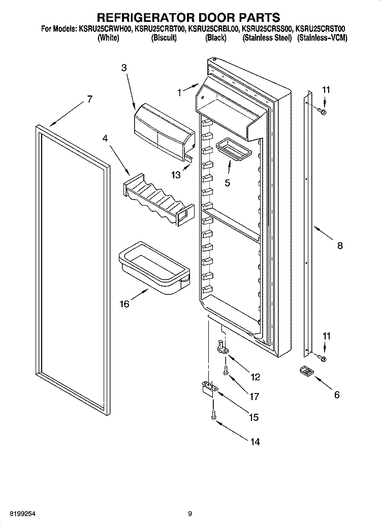 REFRIGERATOR DOOR PARTS Diagram and Parts List for KSRU25CRBL00  KitchenAid Refrigerator