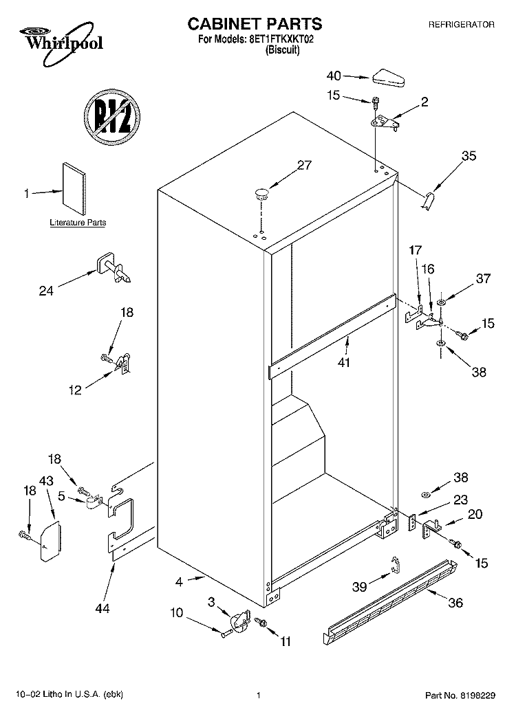 CABINET, LITERATURE Diagram and Parts List for 8ET1FTKXKT02  Whirlpool Refrigerator