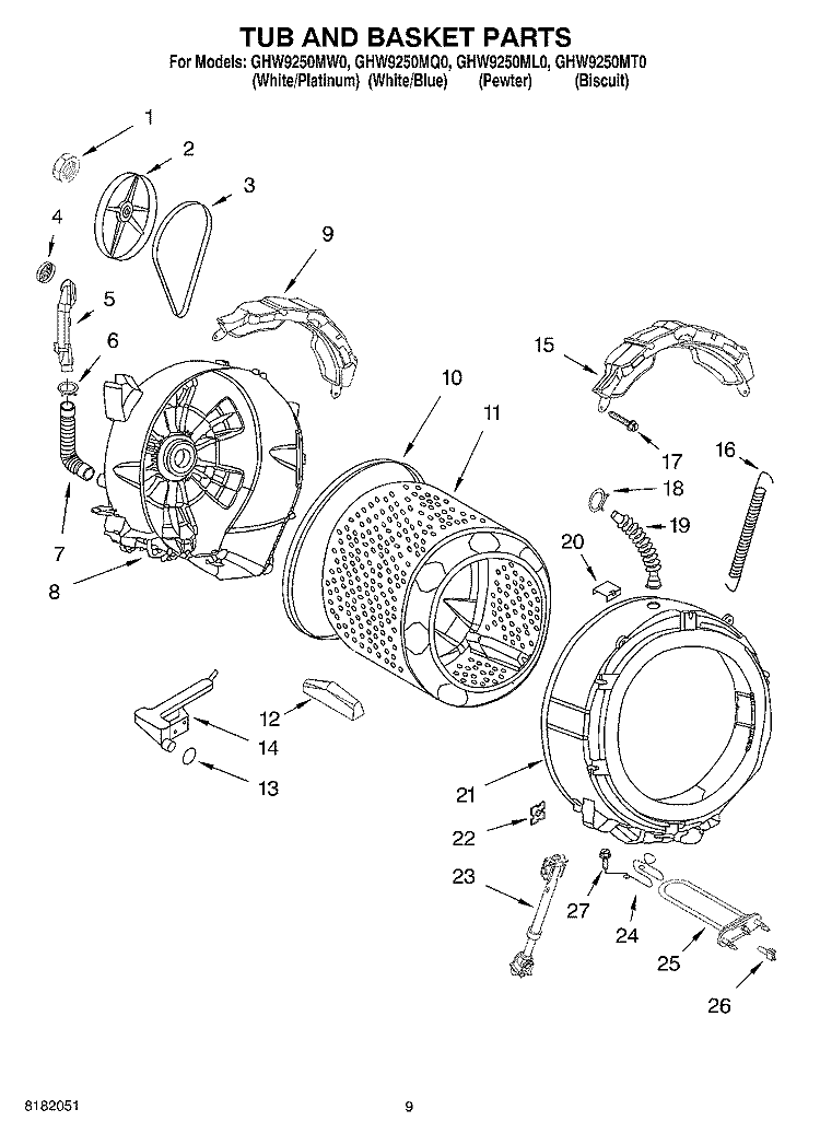 TUB AND BASKET PARTS Diagram and Parts List for GHW9250MQ0  Whirlpool Washer