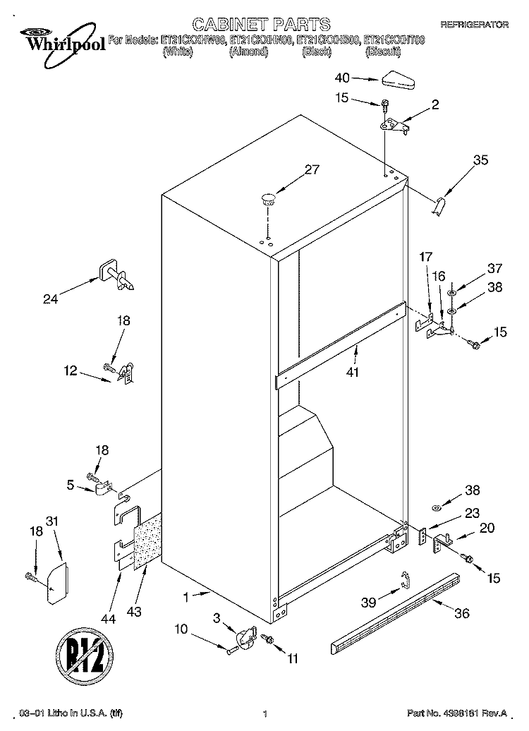 CABINET Diagram and Parts List for ET21CKXHW00  Whirlpool Refrigerator