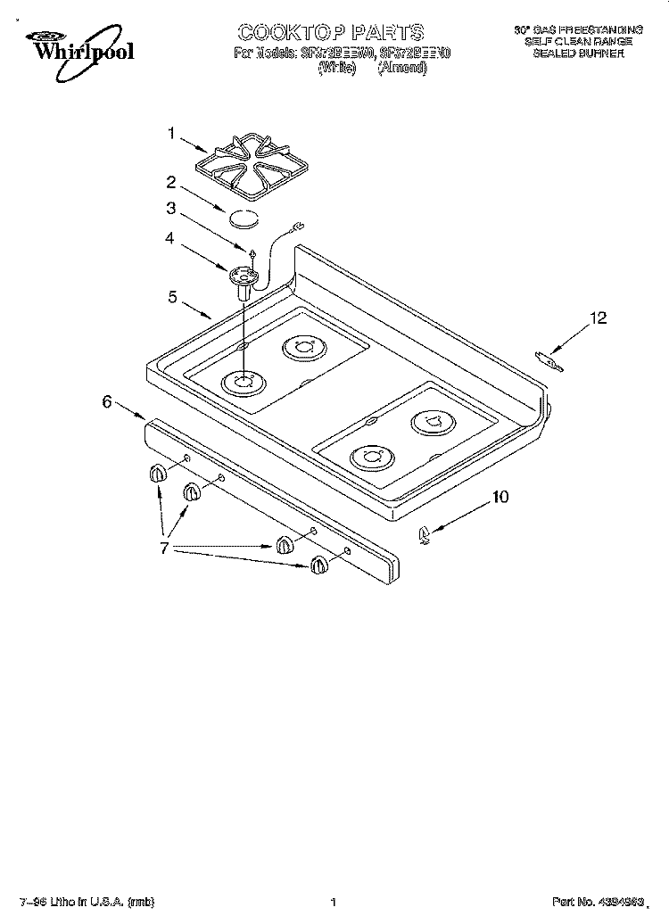 COOKTOP Diagram and Parts List for SF372BEEN0  Whirlpool Range