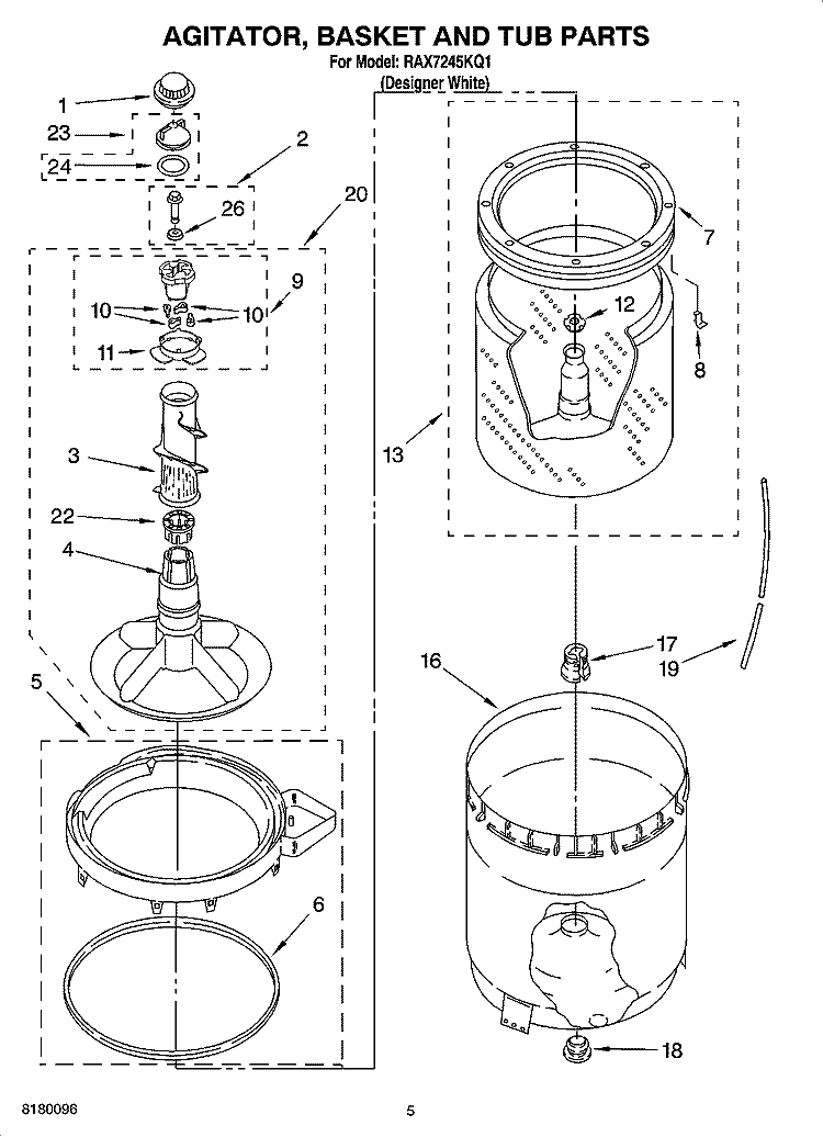 AGITATOR, BASKET AND TUB PARTS Diagram and Parts List for RAX7245KQ1  Roper Washer