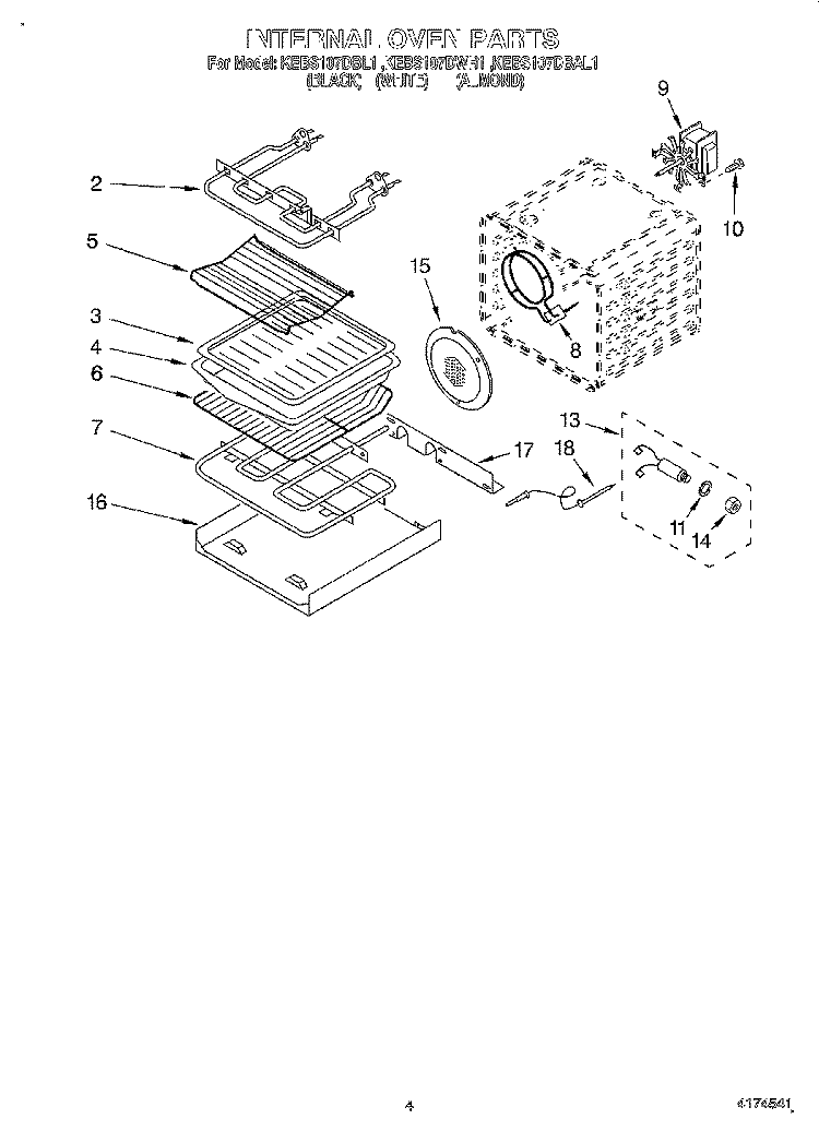 INTERNAL OVEN Diagram and Parts List for KEBS107DAL1  KitchenAid Wall Oven