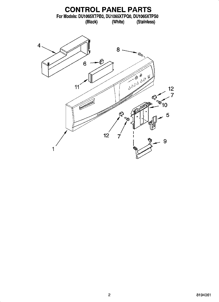 CONTROL PANEL PARTS Diagram and Parts List for DU1065XTPB0  Whirlpool Dishwasher