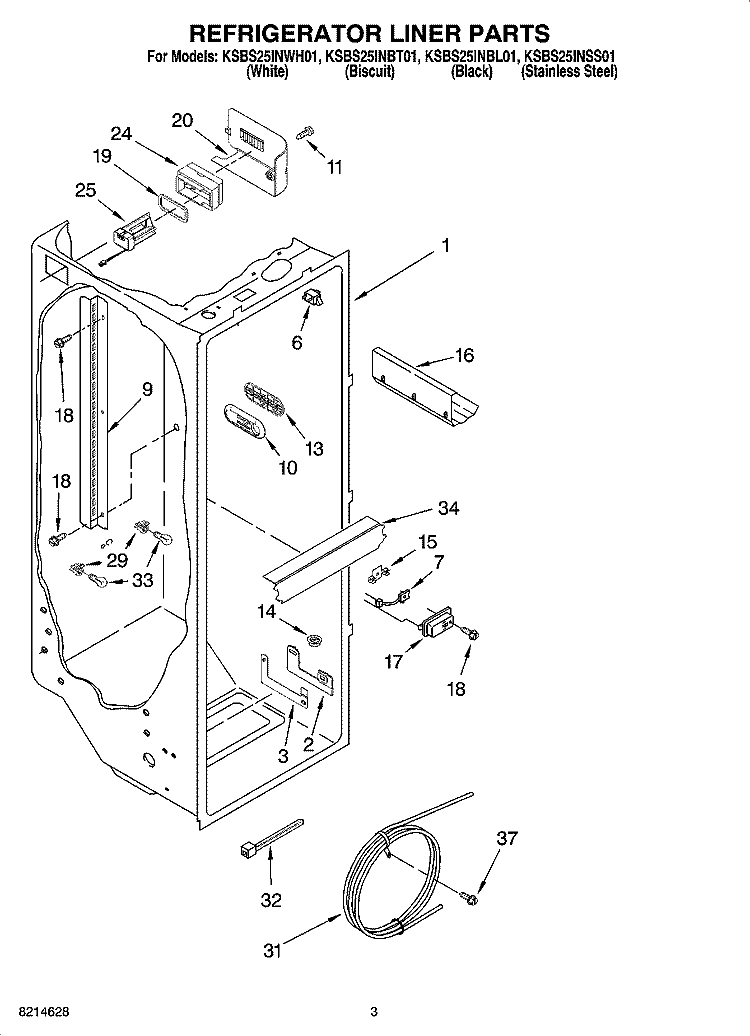 REFRIGERATOR LINER PARTS Diagram and Parts List for KSBS25INWH01  KitchenAid Refrigerator