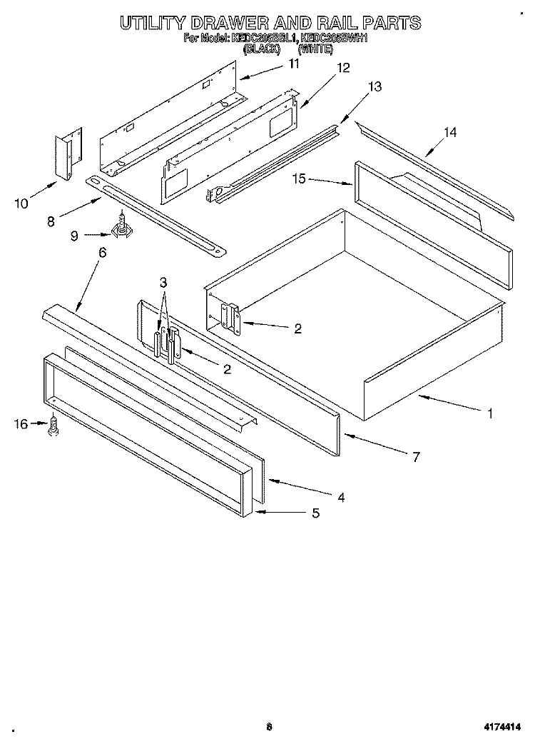 UTILITY DRAWER AND RAIL Diagram and Parts List for KEDC205BWH1  KitchenAid Range