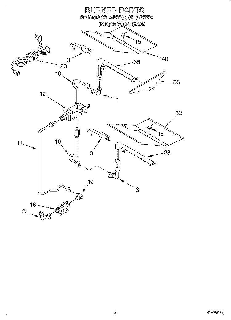 BURNER Diagram and Parts List for SB160PEEB6  Whirlpool Wall Oven