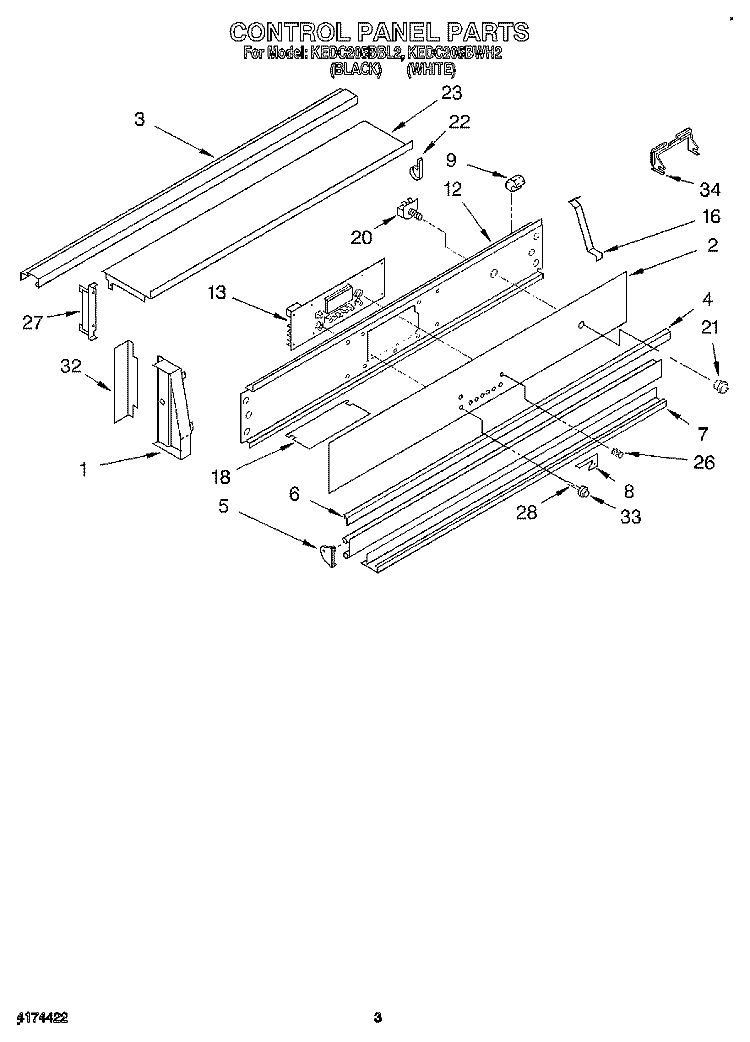 CONTROL PANEL Diagram and Parts List for KEDC205BBL2  KitchenAid Range