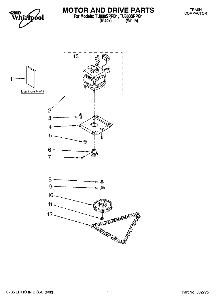 MOTOR AND DRIVE PARTS Diagram and Parts List for TU800SPPB1  Whirlpool Trash Compactor