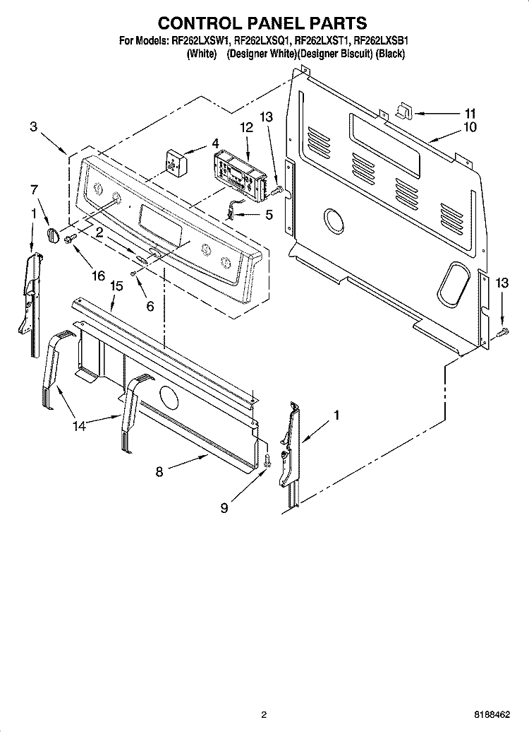 CONTROL PANEL PARTS Diagram and Parts List for RF262LXSB1  Whirlpool Range
