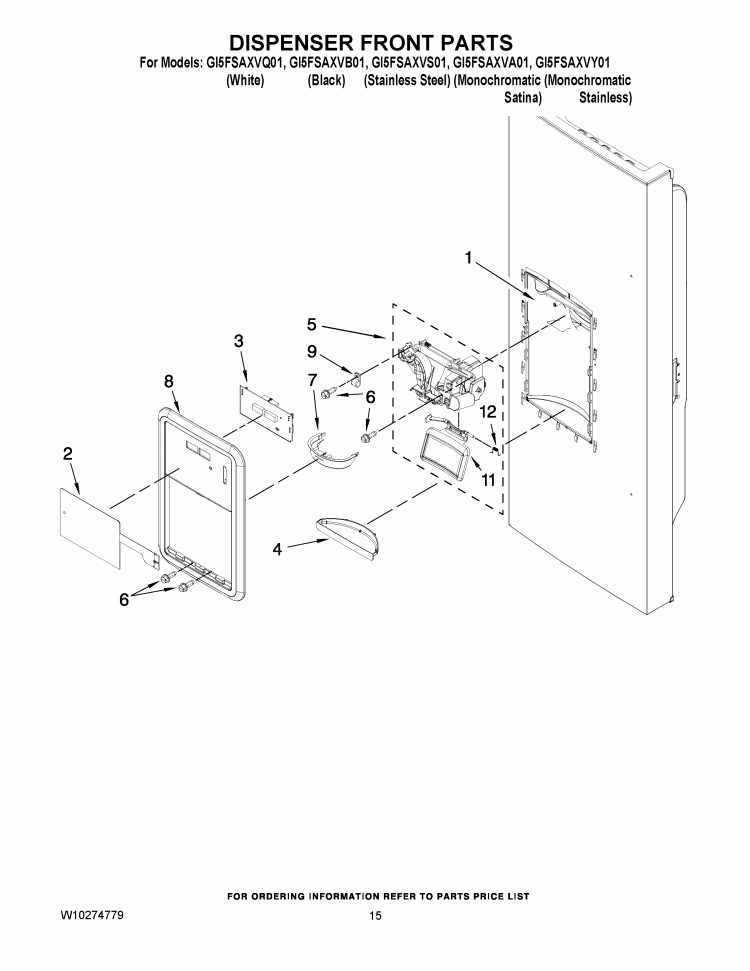 DISPENSER FRONT PARTS Diagram and Parts List for GI5FSAXVA01  Whirlpool Refrigerator
