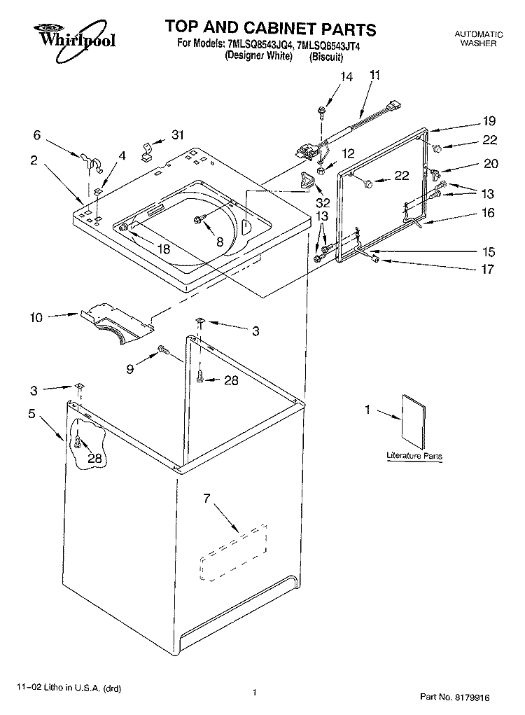 TOP AND CABINET, LITERATURE Diagram and Parts List for 7MLSQ8543JQ4  Whirlpool Washer