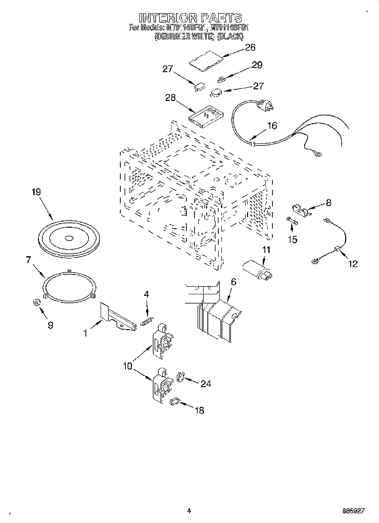 INTERIOR Diagram and Parts List for MT9114SFB1  Whirlpool Microwave