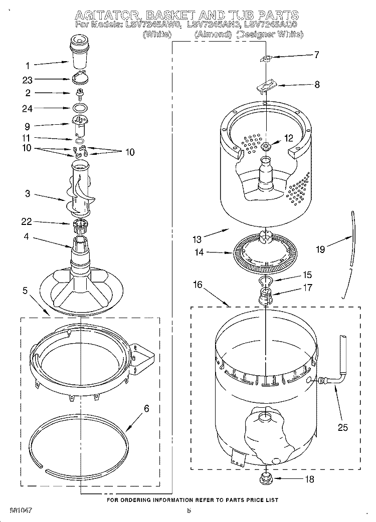 AGITATOR, BASKET AND TUB Diagram and Parts List for LSV7245AW0  Whirlpool Washer