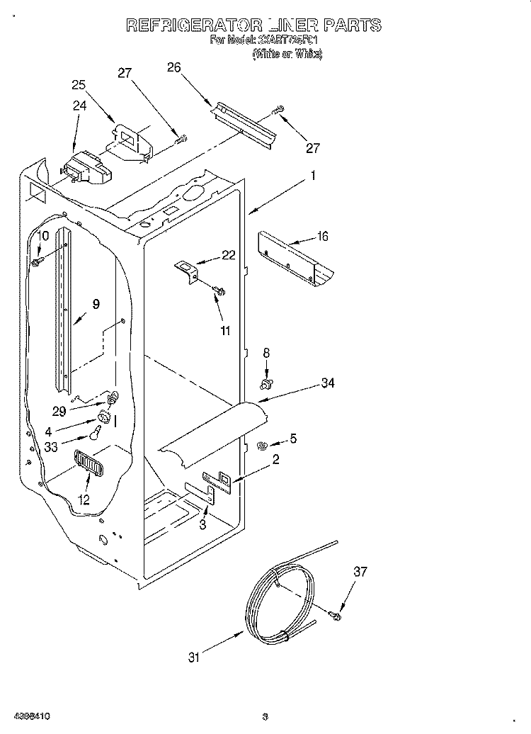 REFRIGERATOR LINER Diagram and Parts List for 3XART725F01  Whirlpool Refrigerator