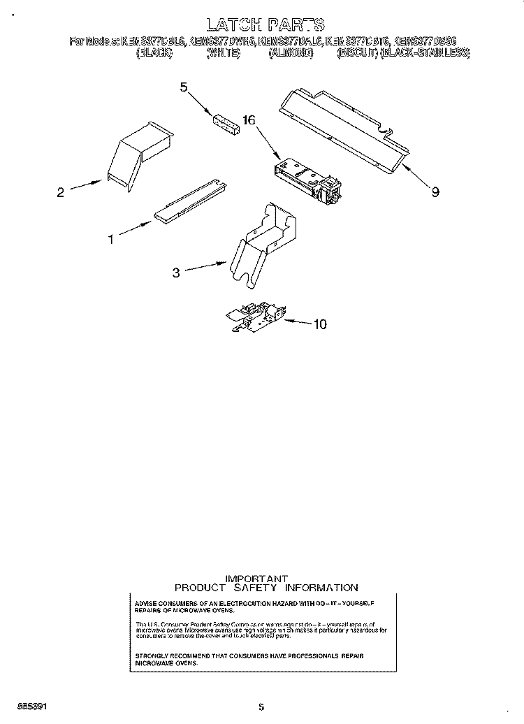 LATCH Diagram and Parts List for KEMS377DAL6  KitchenAid Microwave Oven Combo