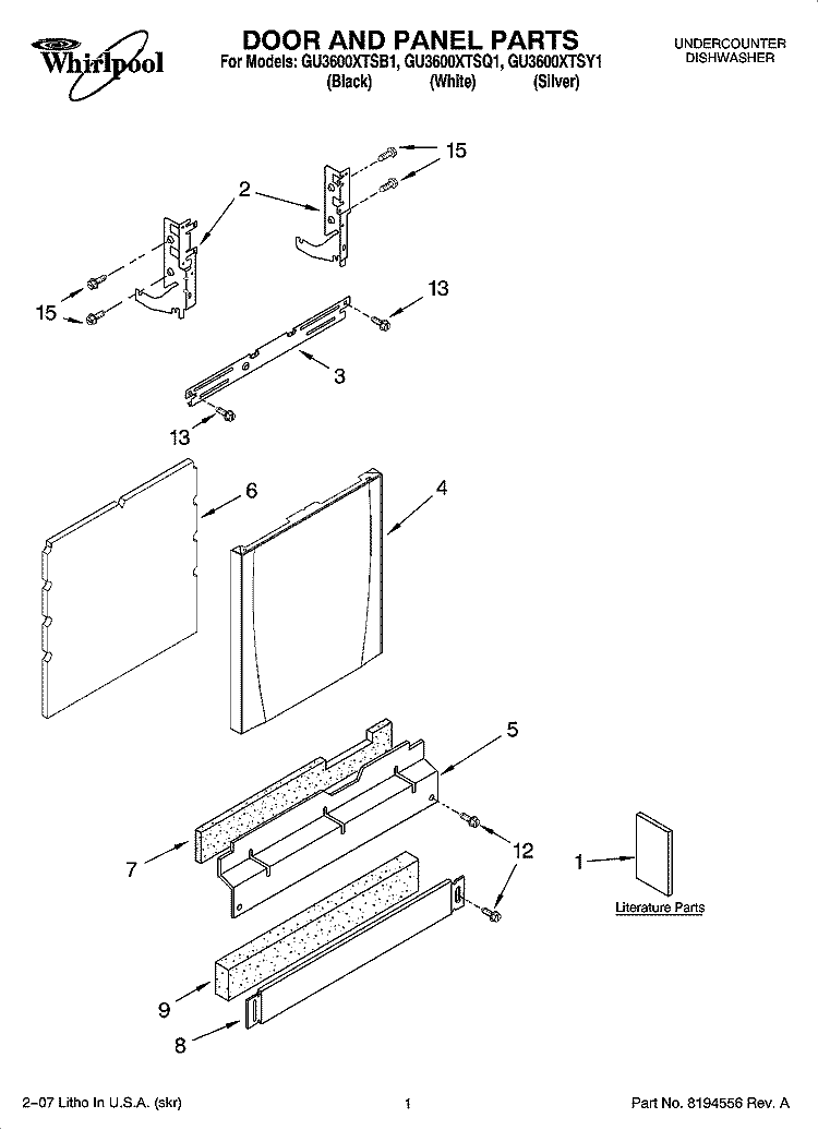 DOOR AND PANEL PARTS Diagram and Parts List for GU3600XTSY1  Whirlpool Dishwasher